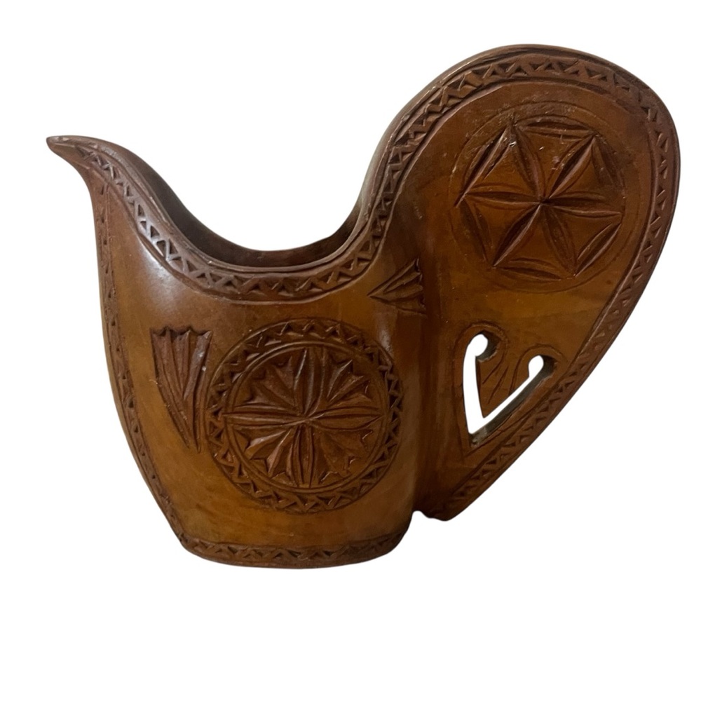 Vintage Hand Carved Wooden Yugolsavia Wedding Ceremonial Cup Folk Art Wood Brown